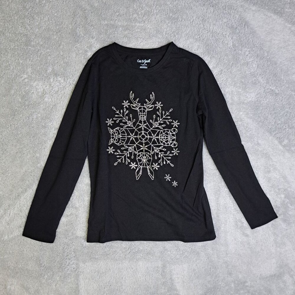 Cat & Jack Girls Black Long Sleeve Graphic Tee Shirt Size L (10/12) Cotton Blend